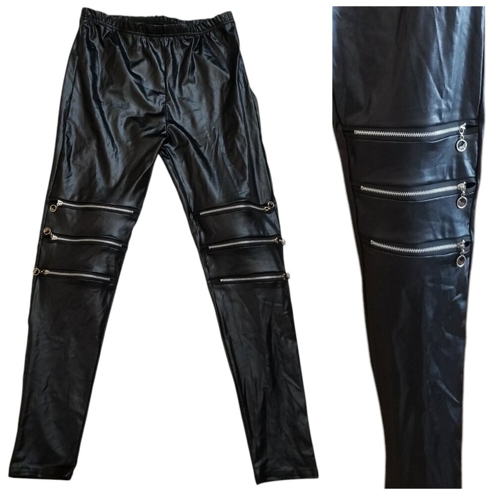 ABD Wet-Look Stretch 3-Zipper Mid-Rise Leggings Womens Med Black Silver NEW